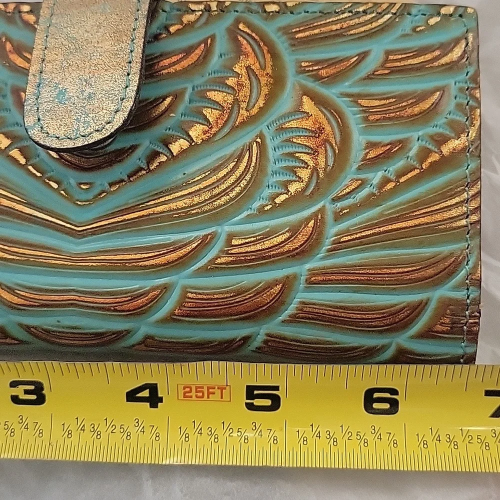 Patrcia Nash Turquoise Tooled Leather Wallet with Bronze Design RFID Protect
